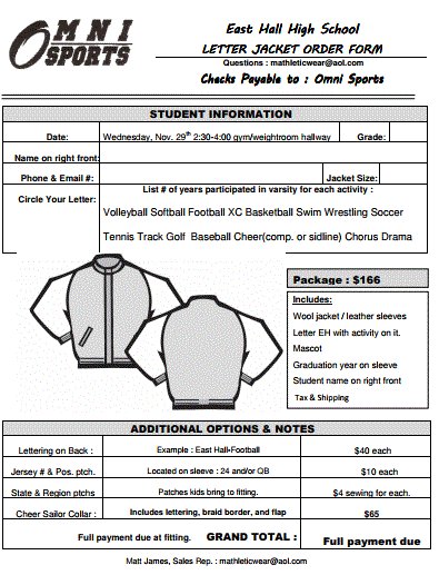 omniawardjacket's tweet photo. @EastHall_FB EHHS on campus letter jacket fitting Wed. Nov. 29th from 2:30 - 4:00 PM in the gym/weight room hallway.  See attached order form. https://t.co/sBx02fTpUO