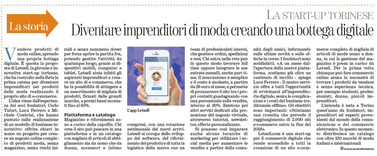 sergentecorradi's tweet photo. NOTIZIA DEL GIORNO: @LaStampa racconta di una start-up torinese, #letsell, che aiuta gli aspiranti imprenditori a creare un sito di #ecommerce nella #moda https://t.co/f9mEtYqt41