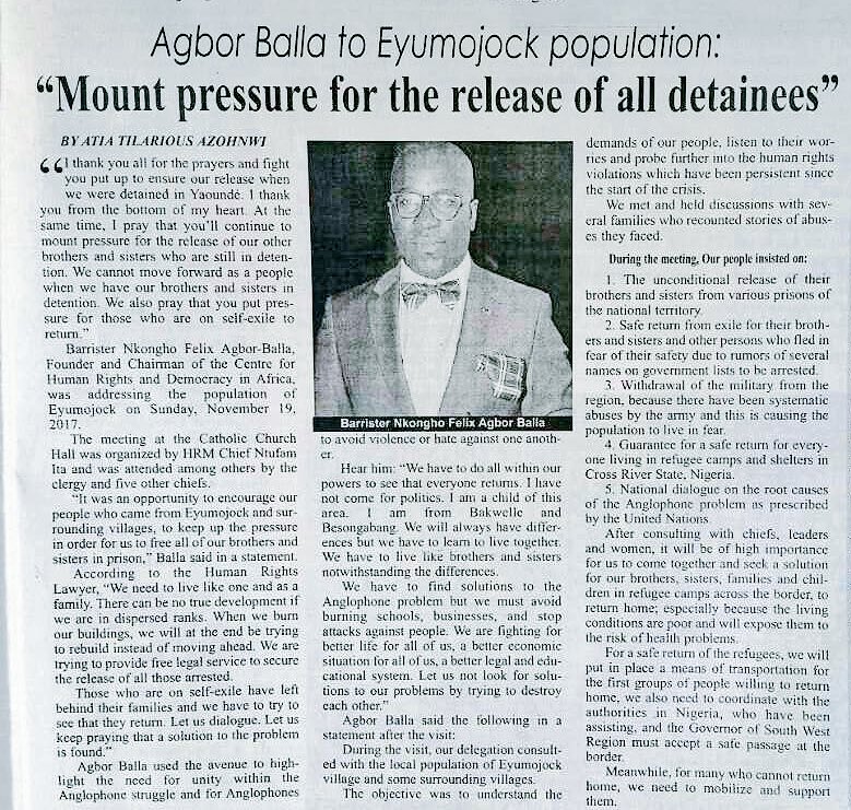 AlbertNchinda's tweet photo. .@AgborNkonghoF to Eyumojock population, “Mount pressure for the release of all detainees” 
—The Sun Newspaper 
#Cameroon #Cameroun https://t.co/270HzQoO2v