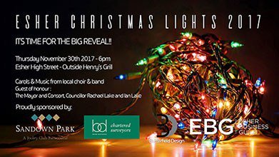 Esher High Street Christmas Lights Ceremony

After months of designing and planning, Esher High Street is ready for the big unveil of its Brand Christmas Lights for 2017!

Join us Thursday November 30th 2017 at 6pm, Esher High Street (outside Henry’s Gri… ift.tt/2k62hgP