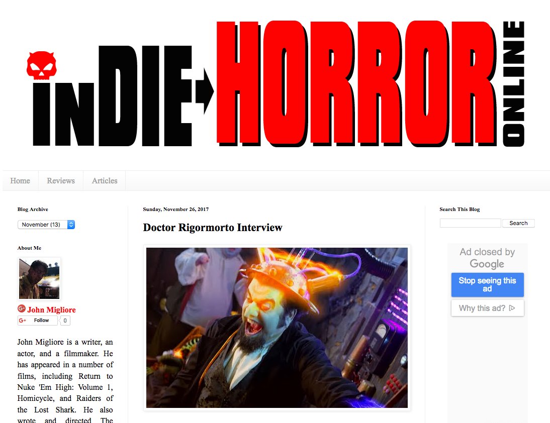 Doctor Rigormorto gets his first terrifying interview on Indie Horror Online!  
click here to read- indiehorroronline.blogspot.ca/2017/11/doctor…