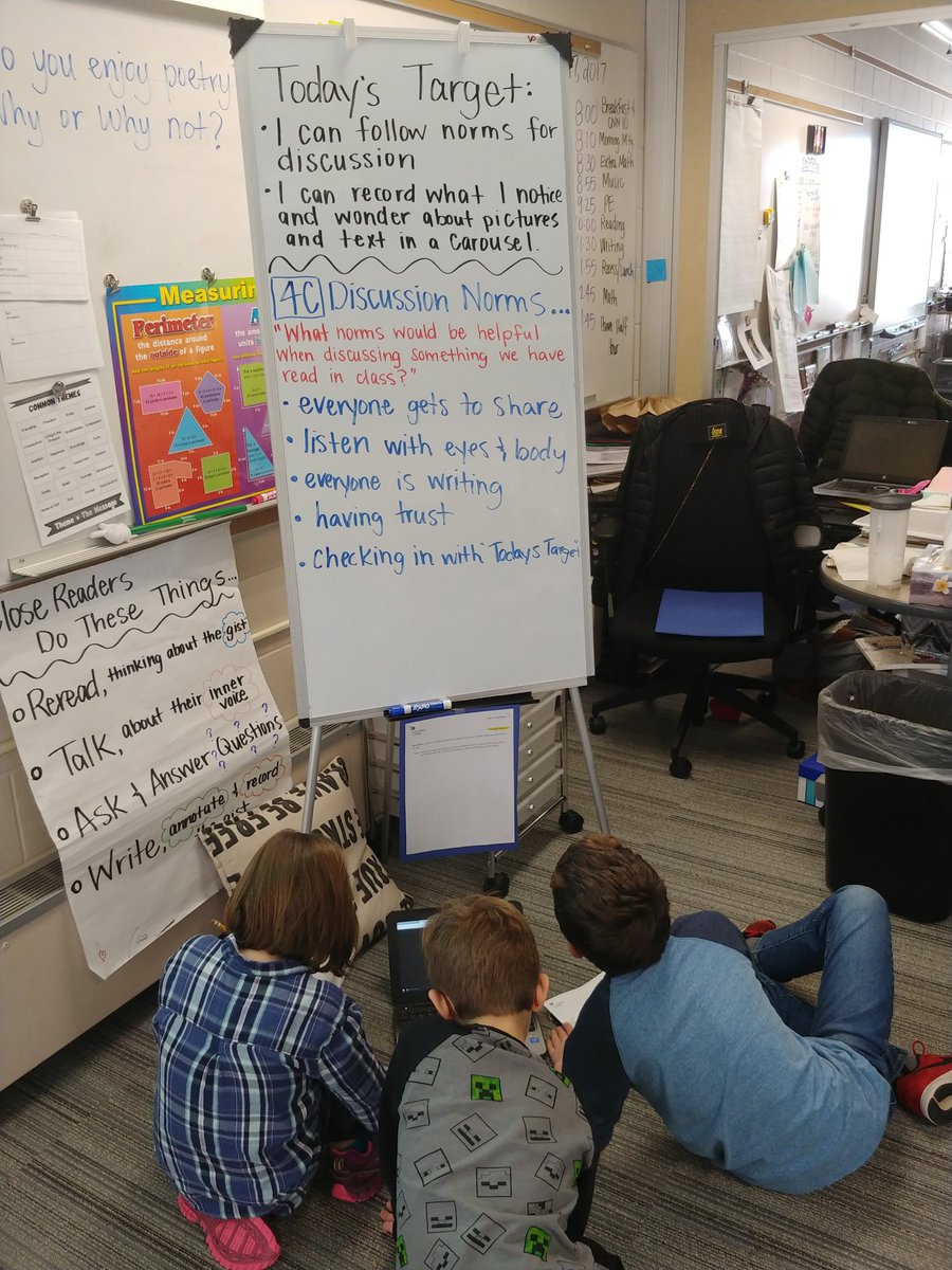 BogdasBrainiacs's tweet photo. 4C Ss collaborating using student generated discussion norms to infer our next Rdg unit through a "carousel" activity. Using text, quotes, pictures, and videos! ❤️ @StemMcKinley @McKinley4th https://t.co/SuHKAPLPig