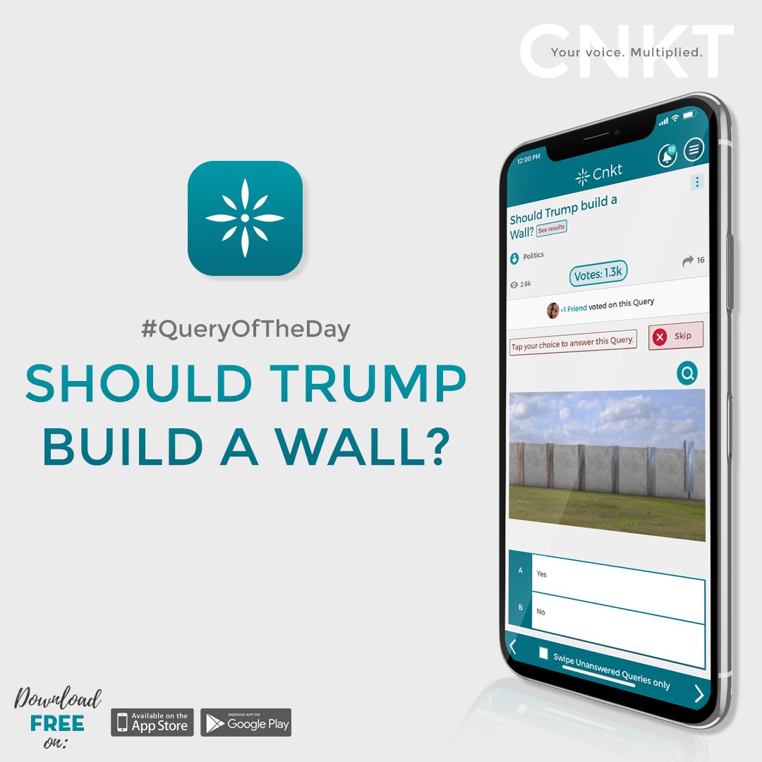 cnkt_me's tweet photo. #QueryOfTheDay
One of the most popular Queries on Cnkt:
SHOULD @realDonaldTrump BUILD A WALL?
What do you think?
#Trump #Wall https://t.co/Kyr8c0id5m