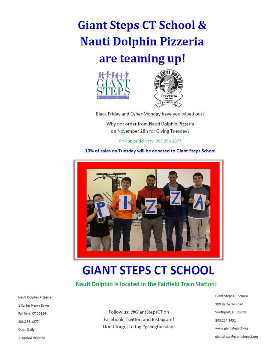 GiantStepsCT's tweet photo. Take a break from cooking and order lunch or dinner from Nauti Dolphin tomorrow for #GivingTuesday2017 To give back to Giant Steps School #FairfieldCT #connecticut #autismawareness #autism https://t.co/BmByYq3ZRe