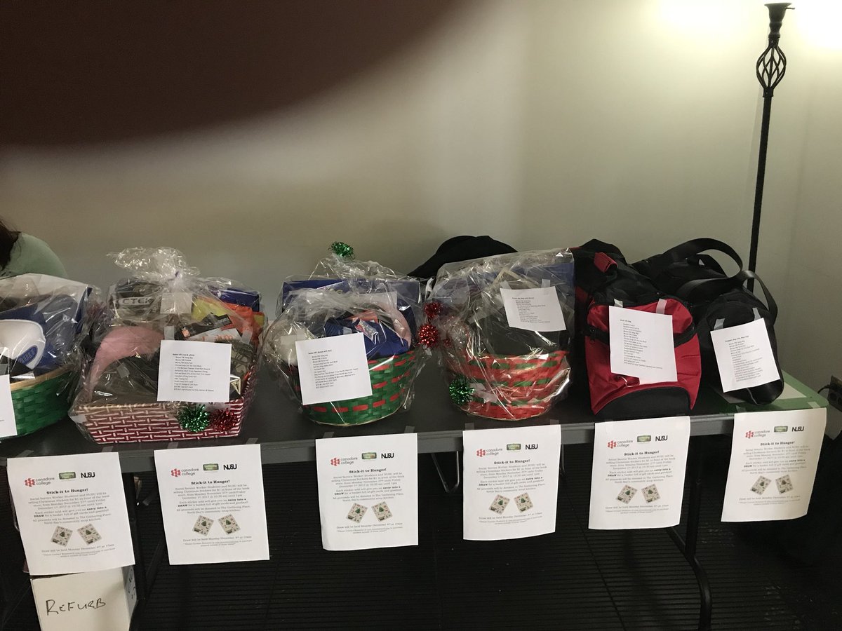 TGPNorthBay's tweet photo. Canadore SSW and Nipissing U students are on campus for their Stick-it to Hunger Campaign. $1 gets you a sticker and a ballot to enter into a draw for some super cool prizes! All funds go directly to The Gathering Place to help fight hunger in our community! #stickittohunger https://t.co/9FKkbaPG2C