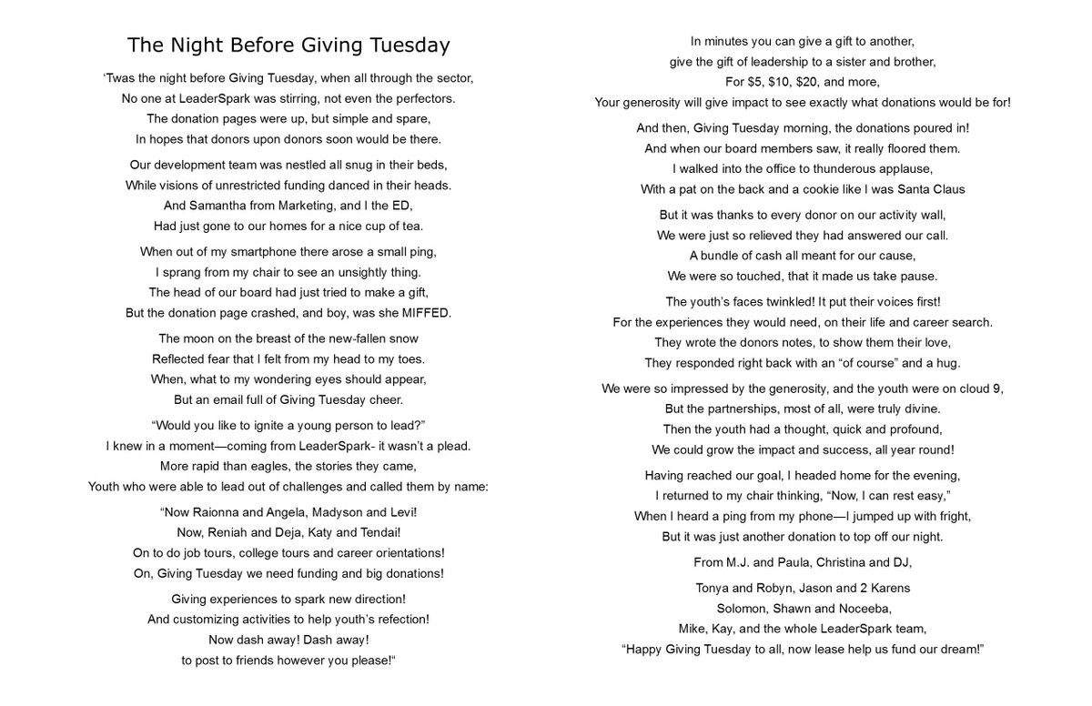 LeaderSpark1's tweet photo. Who doesn't love a good story to bring in the holiday season full of giving, cheers, and happiness! Twas the night before Giving Tuesday.... Just text "SPARKS" to 41444. https://t.co/EsQRA9PsqO https://t.co/WbRqQtl3Jf https://t.co/L5k5qlSGGt