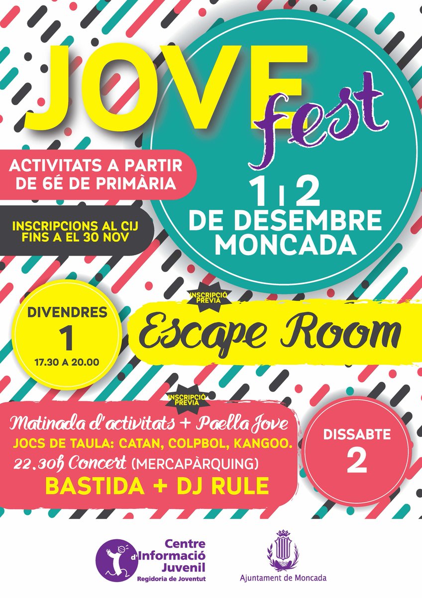 Moncadajove's tweet photo. JOVE FEST @Moncadajove 1 i 2 de desembre: Escape Room, Colpbol, Kangoo, Catán i més @AytoMoncada @FDMMoncada @moncadaturistic @ElTierno_es @ColegioSjaume @radiosantjaume @dansesmoncada @ComercioMoncada @scoutsantjaume @JuniorsSja https://t.co/hcUXHqwcPo