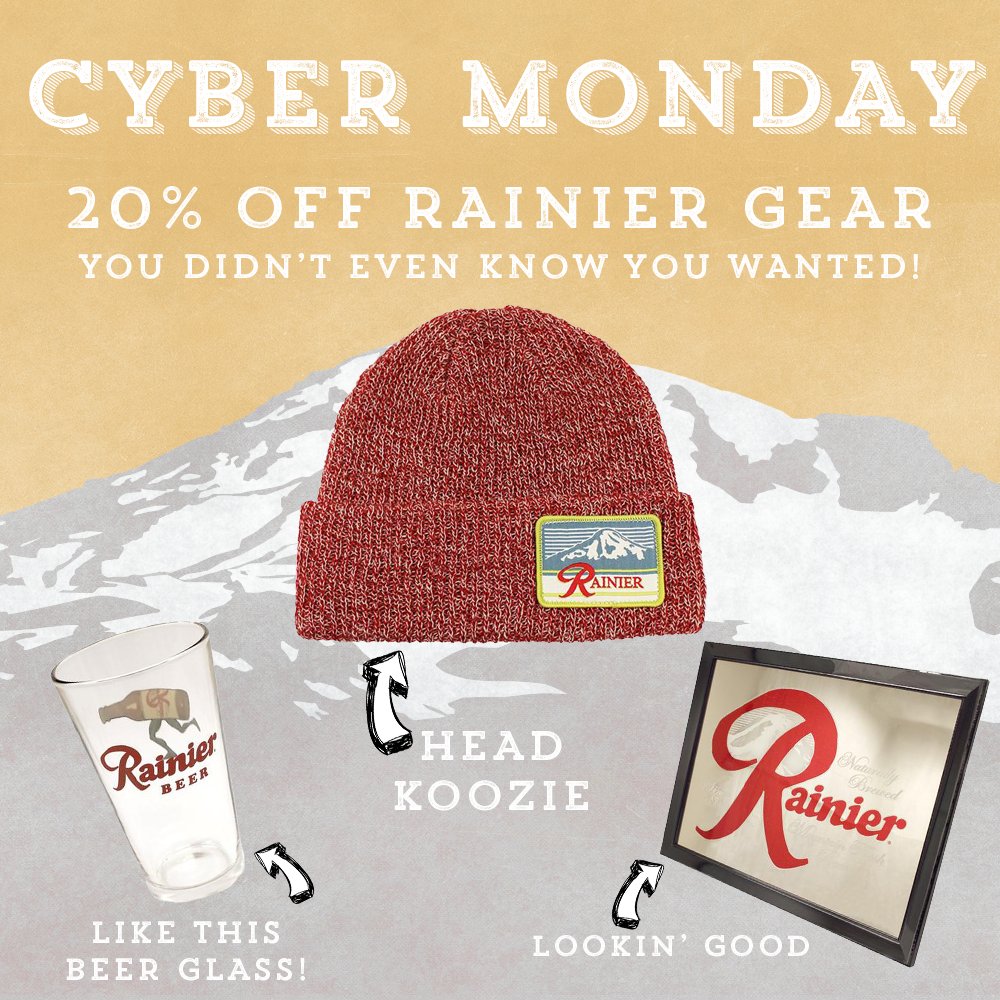It's Cyber Monday so you know what that means, you save on your favorite #RainierBeer merch! Get 20% off Rainier Gear today with the code CYBERMONDAY at checkout! store.rainierbeer.com/collections/all