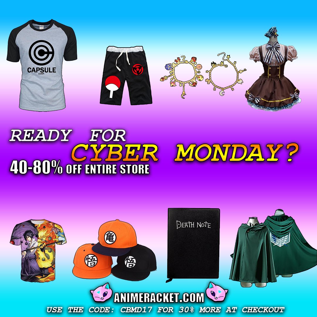 animeracket's tweet photo. 🔥 Cyber Monday is here! Save up to 80% on all anime merchandise storewide! Use the CODE: CBMD17 for 30% in additional savings for entire cart costs only at https://t.co/ZkpGsINYrc! #anime #cosplay #otaku #animeracket https://t.co/pN58gQ1hhn