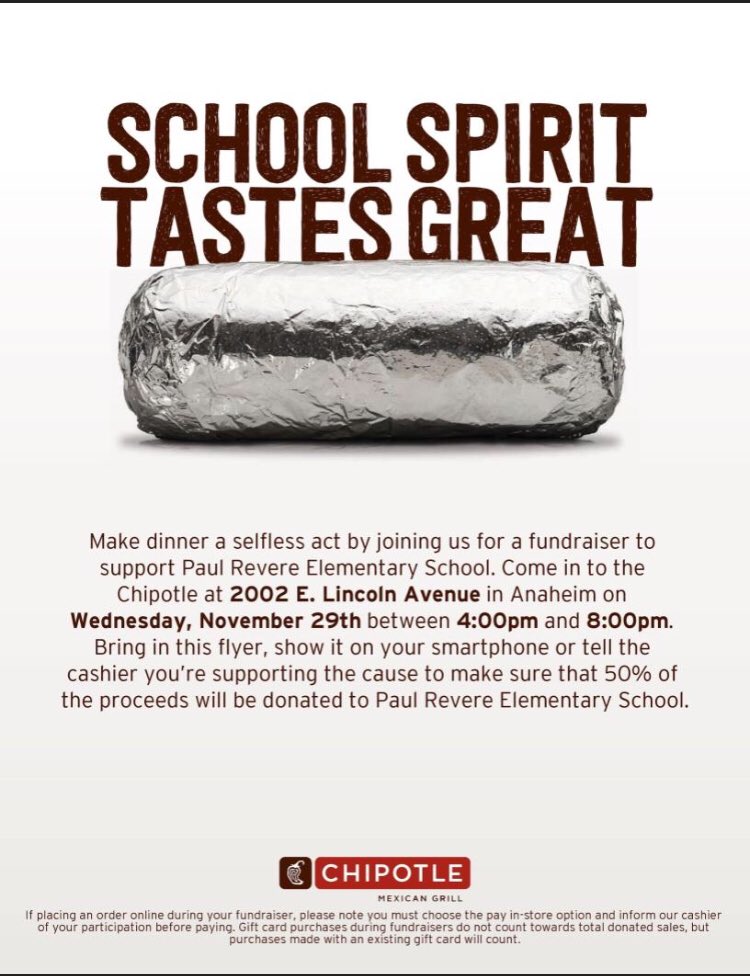 Revere_School's tweet photo. Please join us for dinner at Chipotle at 2002 E. Lincoln Avenue in Anaheim on Wednesday, 11/29 from 4-8pm. 50% of all proceeds directly benefit @Revere_School . Just make sure to show them this flyer!! @AnaheimElem #eat4acause #chipotle #burritowednesday #fundraiser https://t.co/WprBKcoVVb
