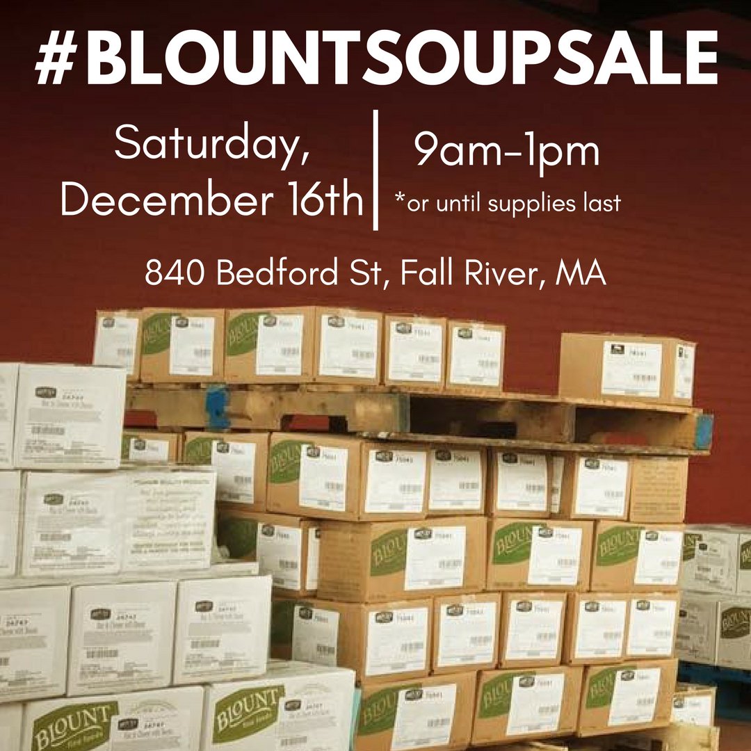 fallrivershack's tweet image. SOUP SALE SATURDAY, DECEMBER 16TH, 2017! 
*840 Bedford St, Fall River, MA
*9am-1pm (or until supplies last)
*$5 or $10 cases
*Cash, credit, and debit all accepted.
#blountsoupsale