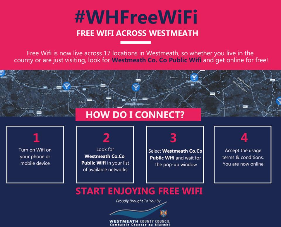 Mgar_Chamber's tweet image. There are 5 FREE wifi hot spots in Mullingar and a further 12 throughout Westmeath that has been introduced by Westmeath County Council.
Check out the map for all 17 hot spots here -&amp;gt; goo.gl/2nbBgq
#WHFreeWifi #Westmeath