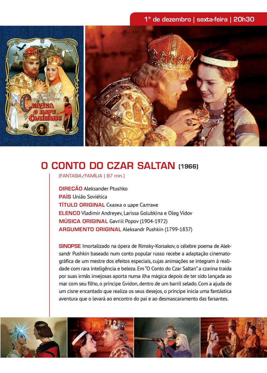 embaixadarussa's tweet photo. A #Mostra "Cinema Russo: Um percurso em Cinco Décadas" no #CineBrasília contará com tais filmes como «O Conto do Czar Saltan» de Alexander #Ptushko (1/12, às 20h30) e «Noite de Inverno em Gagra» de Karen #Shakhnazarov (2/12, às 20h30). Não percam!🎬🎥 ➡️https://t.co/qmHM9paXUQ https://t.co/ZI8F3I53MN