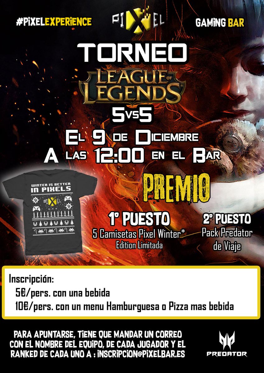PixelBar_Madrid's tweet photo. Nuevo torneo de @lol_spain 
Ya os podéis apuntar por correo y leer más info aquí https://t.co/R5hAtQVXAY
#PredatorGaming @ES_Acer https://t.co/pKPvgTEXTi