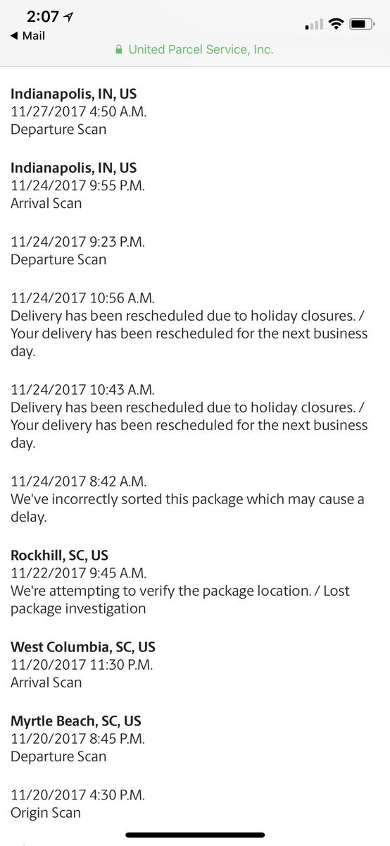 DonIorio's tweet photo. Hello UPS! Package was sent to me overnight on November 20th. Today is the 27th and still no package. It was less then 10 miles from me on the 22nd but took a detour via Indianapolis. Game was Saturday! Good job! Take your time! @Gourmet_Gents @UPS @UPSHelp https://t.co/uogQVJO5TJ
