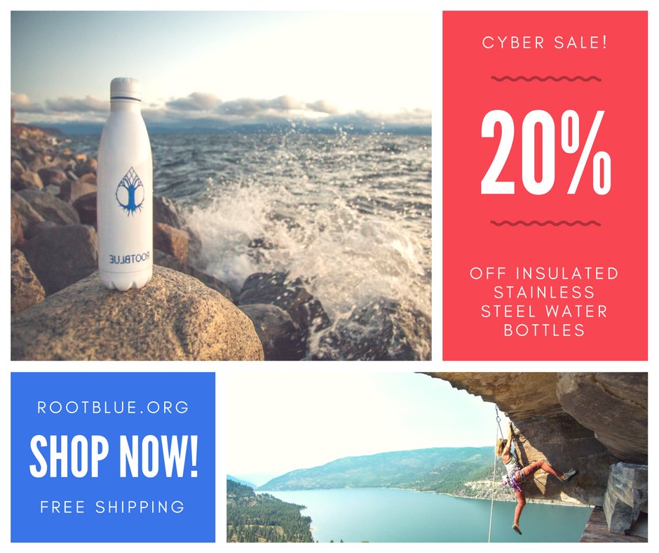 rootblueorg's tweet image. It's #CyberMonday and that means DEALS! Sweet, glorious, deals. Like this one for example! 20% off a Rootblue #StainlessSteel water bottle? Are you kidding me?! 
Go get one before the sale expires at rootblue.org. Or get, we don't know, 100 of them? We're not judging.