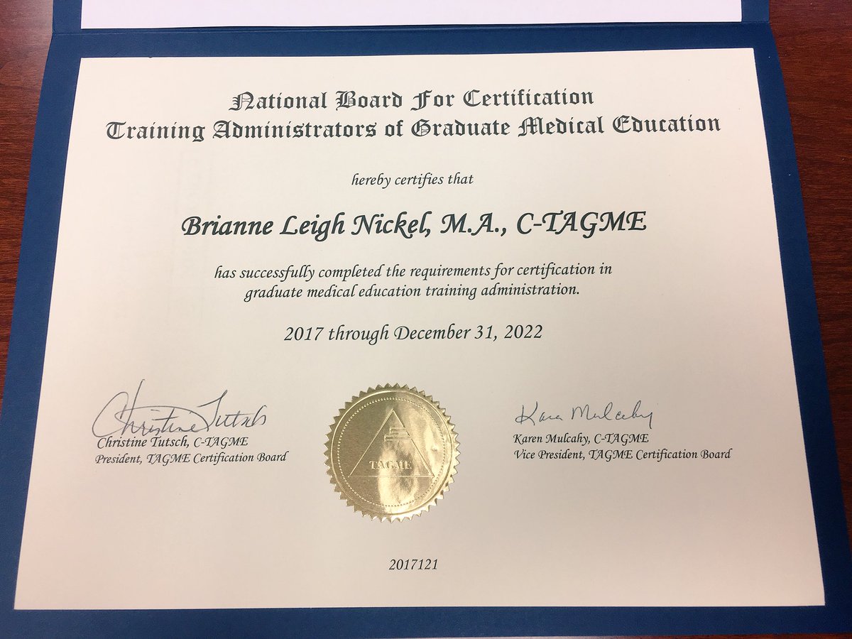 briannenickel's tweet photo. I feel like it’s more official now that the #TAGME certificate has arrived! Grateful for the support from @IU_Surgery as I worked towards the pursuit of this GME specific certification!
#ctagme #surgery #professionaldevelopment https://t.co/t1cyOI4NMb