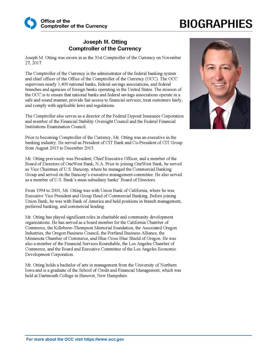 Joseph M. Otting was sworn in as the 31st Comptroller of the Currency on November 27, 2017.