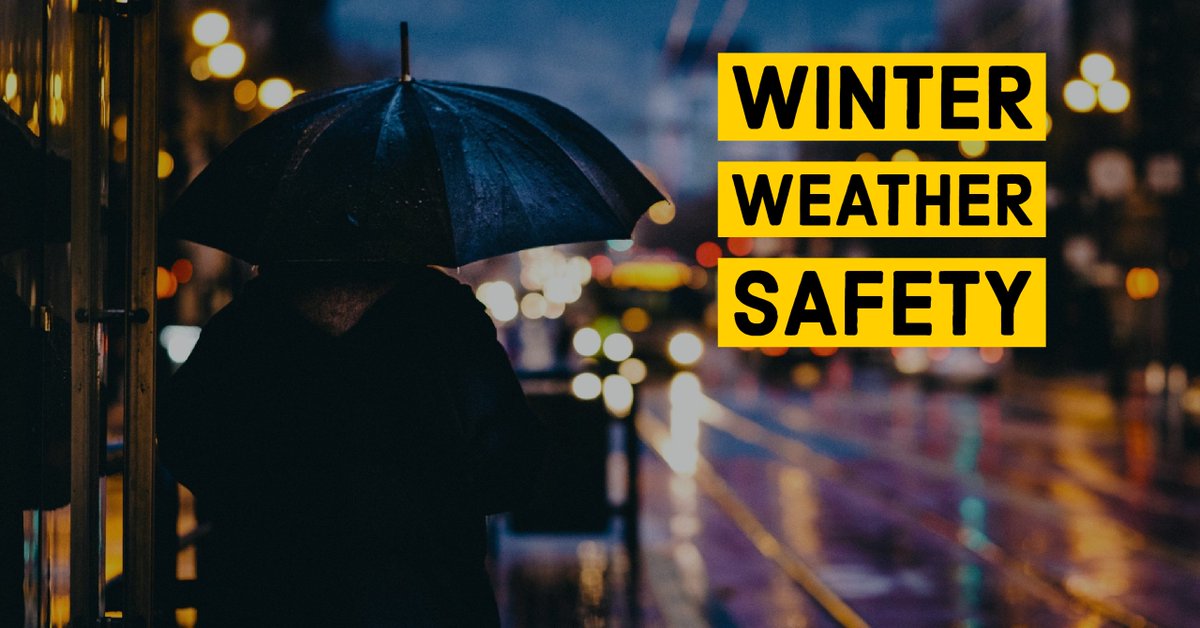 image of a person using an umbrella on a rainy street. text reads WINTER WEATHER SAFETY