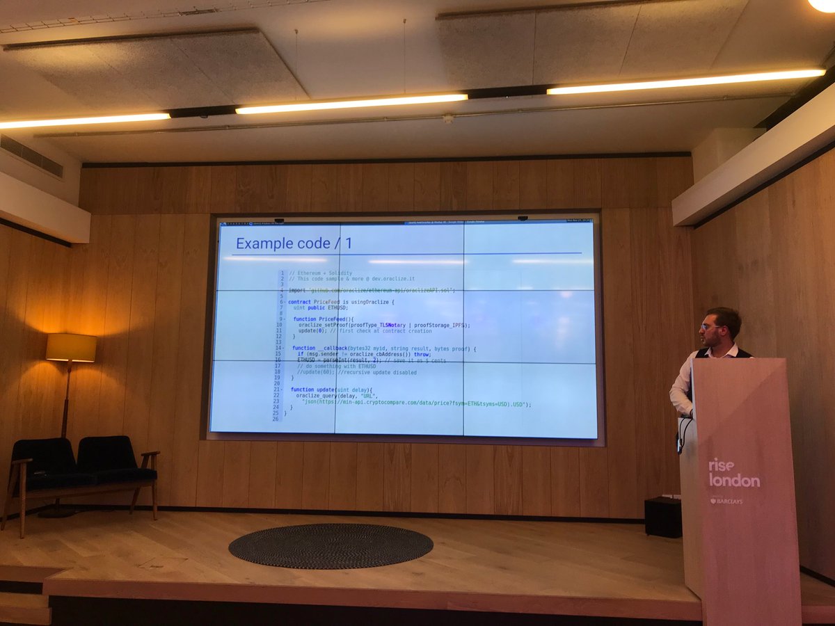 michaelfolkson's tweet photo. .@ThomasBertani presenting the “Hello World” Oraclize contract and their new ProofShield prototype at the first London #OraclizeMeetup at @ThinkRiseLDN. Periscoped live on @oraclizeit Twitter channel! https://t.co/jypksfIFEK