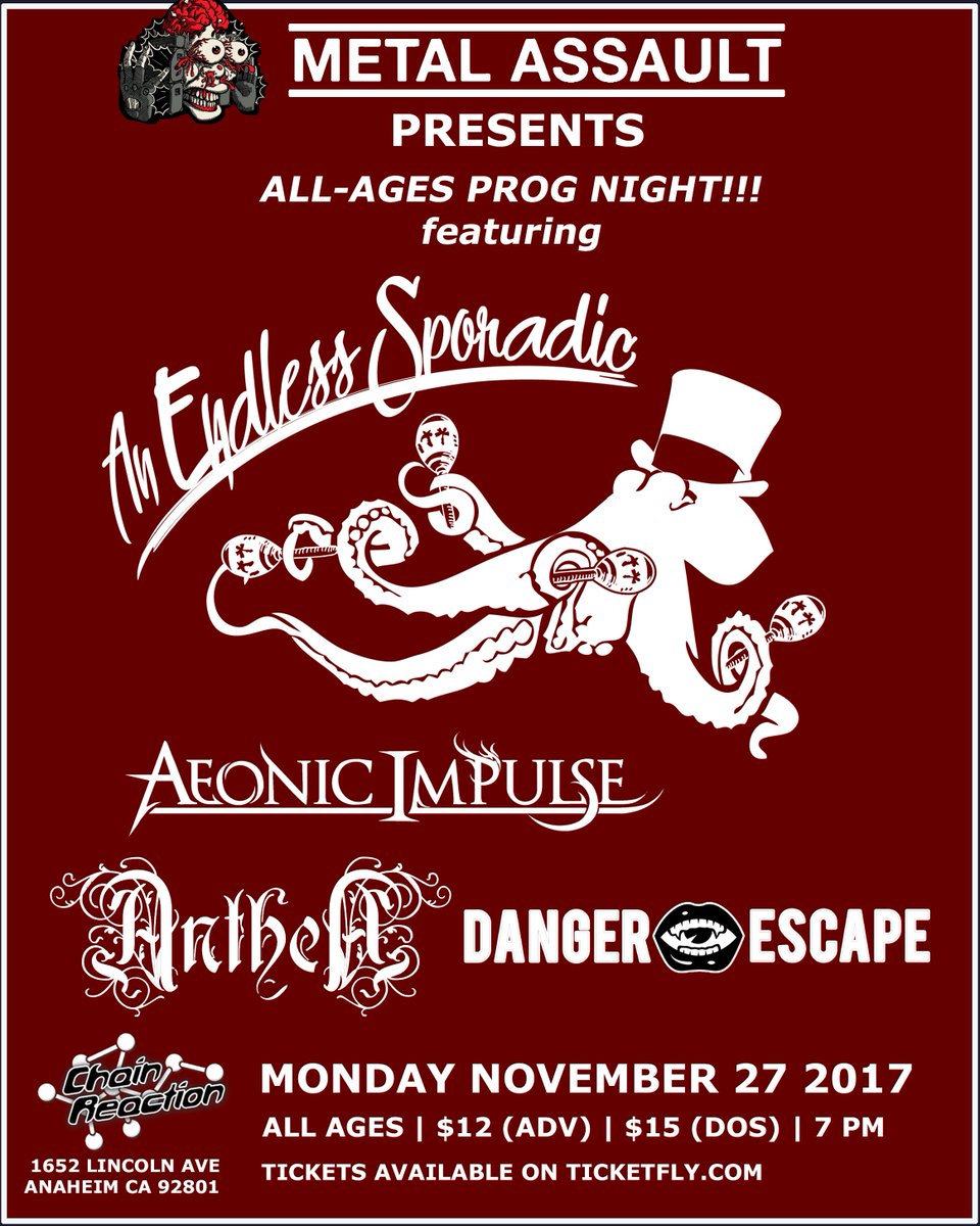 metalassaultLA's tweet photo. On a more positive note, this is TONIGHT!! #OrangeCounty folks, come on out to @ChainReactionCA for #ProgNight featuring @AESband, @AeonicImpulse, #Anthea and @DangerEscape! All ages, $15, doors @ 7. You wouldn't wanna miss this! https://t.co/YCDXkgBWWj