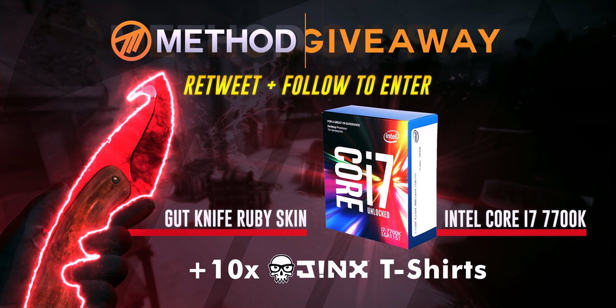 Method's tweet image. The Ultimate #CSGO Fan giveaway!

Intel i7 Processor + Gut Knife Ruby Skin #GIVEAWAY
+ 10x @JINX Tee Shirts

🙋‍♂️Tag Your Friends
⏰Turn Notifications On
♻️RT, Like &amp;amp; Follow @Methodgg

✅Click Here: gleam.io/FUatK/win-an-i…
