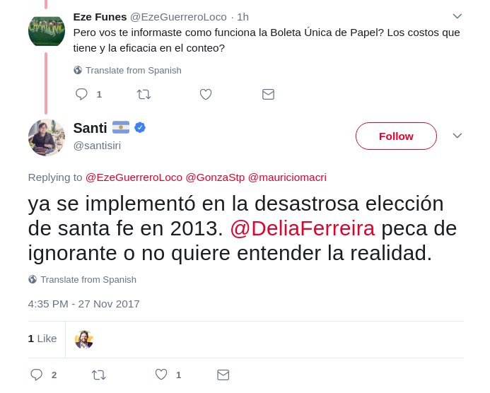 Acá el experto en sistemas electorales y cibercosas <a href="/santisiri/">santi</a> dice que la elección de 2013 en Santa Fe fue un desastre, que <a href="/DeliaFerreira/">Delia Ferreira</a> es ignorante y que #BoletaÚnicaPapelYA no va porque #blockchain y sarasasasa.