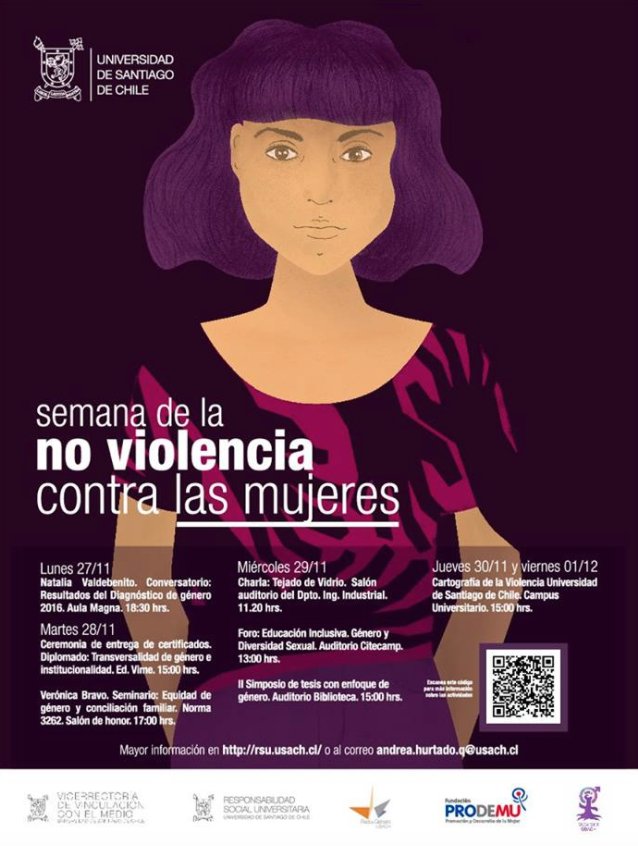 usach's tweet photo. Recordatorio📆 Hoy comienza la "semana de la no violencia contra las mujeres" con el conversatorio "Resultados del Diagnóstico de género 2016", con la participación de la destacada actriz @ValdebenitoNata 

Aula Magna @usach / 18:30 hrs https://t.co/Ckd9xsuH8q