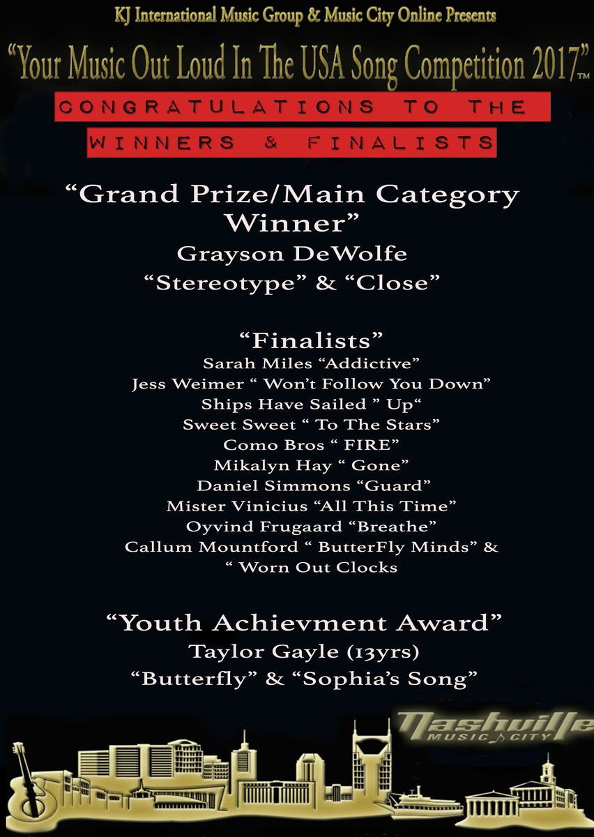 Thank You Kj-International MUSIC GROUP for selecting our song Fire as a Top 10 finalist in the YOUR MUSIC OUT LOUD IN THE USA SONGWRITING COMPETITION!!!  🎶🎶🎤🎸🎸🎶🎶