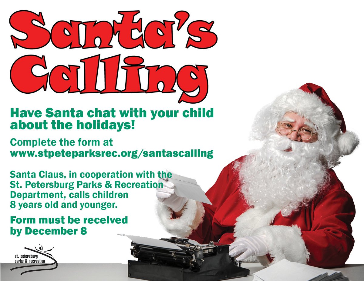 StPeteParksRec's tweet photo. For 30+ years, Santa has called the children of St. Pete to chat about the holidays. Join the tradition and have Santa call your child! Fill out the form at https://t.co/uM4GOki2aJ by Dec. 8. Expect a call from Santa between Dec. 12 - Dec. 14. #StPeteParksRec #SantasCalling https://t.co/Efv1Bo0BCM