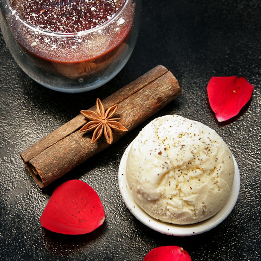 Chocolate Crème Brulee, made with the luxurious Marou Chocolate form Vietnam, served with Chai Tea Sorbet.