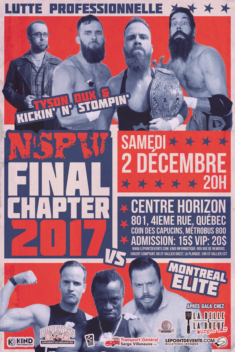 NSPW's tweet photo. ⭐️⭐️⭐️ Notre dernier événement de l’année 2017... C’EST CE SAMEDI! ⭐️⭐️⭐️
En action, le champion @TysonDux, @KickinStompin, @Champiandumande, @benjamintull, @BradAlekxis, @TheHandsomeJF et plus encore!
Billets en vente via @Lepointdevente ✌️😎 https://t.co/ReF2Apq0b2