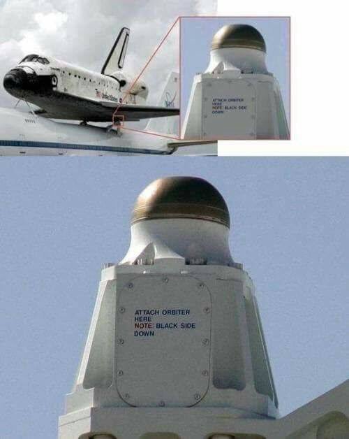 My favorite bit of NASA nerd humor is the note on one of the attach points where the Shuttle Orbiter attaches to the 747 Shuttle Carrier Aircraft.  It says:  Attach Orbiter Here  NOTE:  Black Side Down