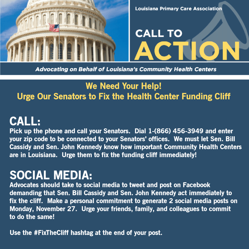 504HealthNet's tweet photo. Fix the Cliff! Call 1-(866) 456-3949 and enter your zip code to be connected to your Senators' offices. Let them know you support Community Health Centers! #504HealthNet #KeepLACovered  #fixthecliff https://t.co/diGd1LeSNr