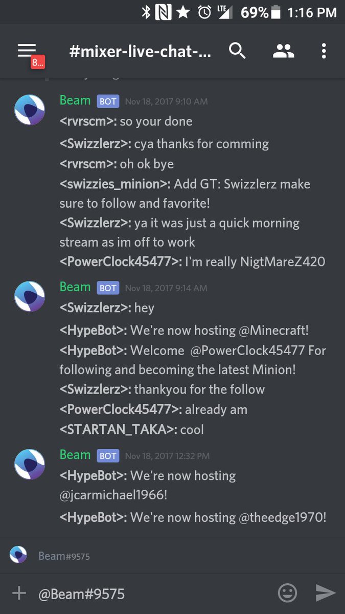 Swizzlerz's tweet photo. Hi @WatchMixer @discordapp any plans to fix #beamor on #discord maybe a new #Mixerbot? Yes I asked support no response yet. https://t.co/5muSk9NgDb