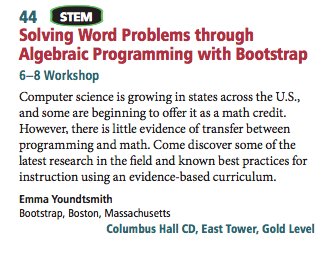 Bootstrapworld's tweet photo. Heading to #NCTM in Chicago this week? Make sure to check out @Youndtsmith 's session, "Solving Word Problems through Algebraic Programming with Bootstrap" on Thursday morning at 9:45am in Columbus Hall CD, East Tower, Gold Level.  
https://t.co/zIPk67a9l8
#NCTMChicago
@NCTM https://t.co/Y9v6xcaNvP