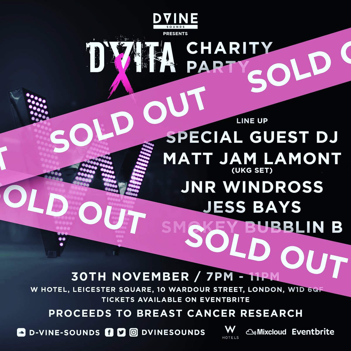 ⛔️ SOLD OUT! ⛔️ Wow! We are officially sold out for Thursday’s DVITA Breast Cancer Charity Party at <a href="/WHotels/">W Hotels</a> Leister Square! 💕🔻 THANK YOU! 🎀 #DVINESounds #WHotel #DVITA #StandUpToCancer