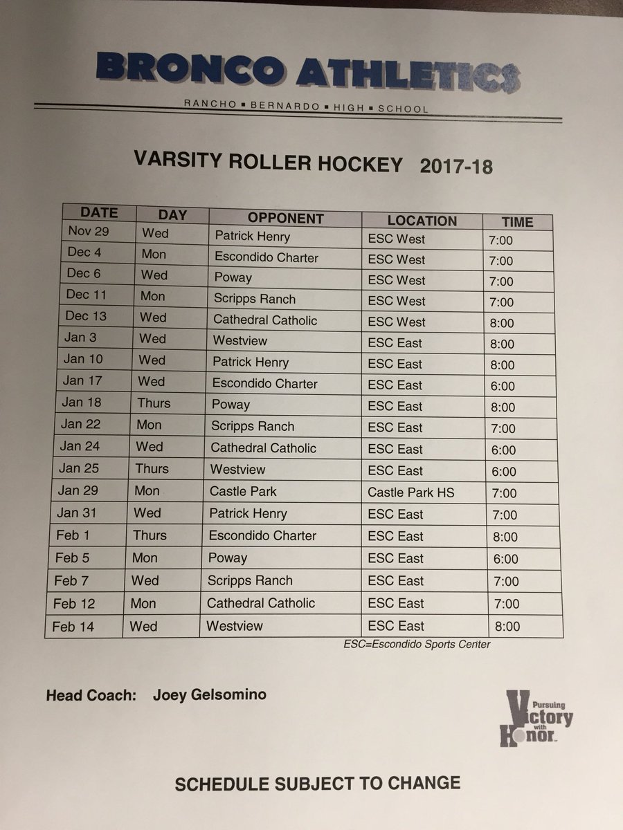 RBRollerHky's tweet photo. #RBHSBroncos Varsity #RollerHockey starts the season Wednesday 7 pm at the #EscondidoSportsCenter against Patrick Henry HS. Come out and support your team! @rbhsbroncos @rbstudentsec @DavidLLeMaster #webleedblue https://t.co/LDxc3GTc1M