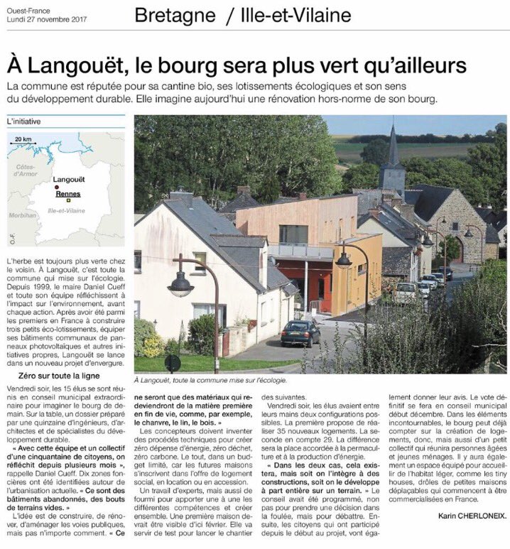 #Langouët va construire des logements sociaux en location ou accession conçus pour créer zéro dépense d'énergie, zéro déchet et zéro carbone... Bravo à <a href="/DanielCueff/">Daniel Cueff</a> et son équipe