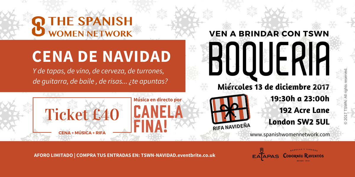 SpanishWomenNet's tweet photo. Cena de Navidad @BoqueriaTapas 13DEC 2017: Ven a brindar con nosotr@s, habrá rifa Navideña con muchos premios, entre otros un Cesta de productos españoles de @EATAPAS Invita a tus amigos, sacad las entradas en: https://t.co/iYyjTsF4Ty - DATE PRISA QUE VUELAN https://t.co/NP9jyOzenb