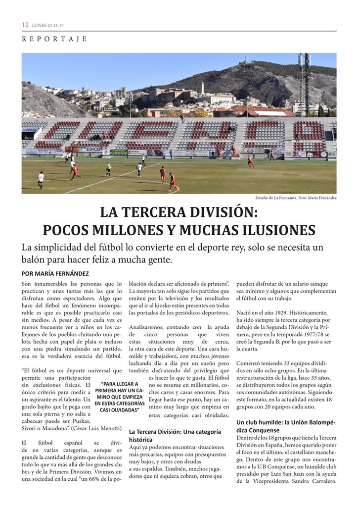 mariatwelve_'s tweet photo. Ya podéis leer mi reportaje sobre la Tercera División y la U.B Conquense.
Con la ayuda de todos, podemos hacer todavía más grande esta categoría, se lo merecen! https://t.co/YbGkLkjMMB