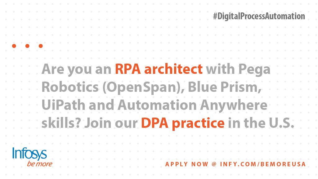 InfosysCareers's tweet photo. #RPA Architect skilled in #Pega Robotics #Openspan, #blueprism, U#IPath, #AutomationAnywhere? Join the DPA team. #bemore #DigitalProcessAutomation https://t.co/JKPdOzsmU2 https://t.co/ccEq56hkSn