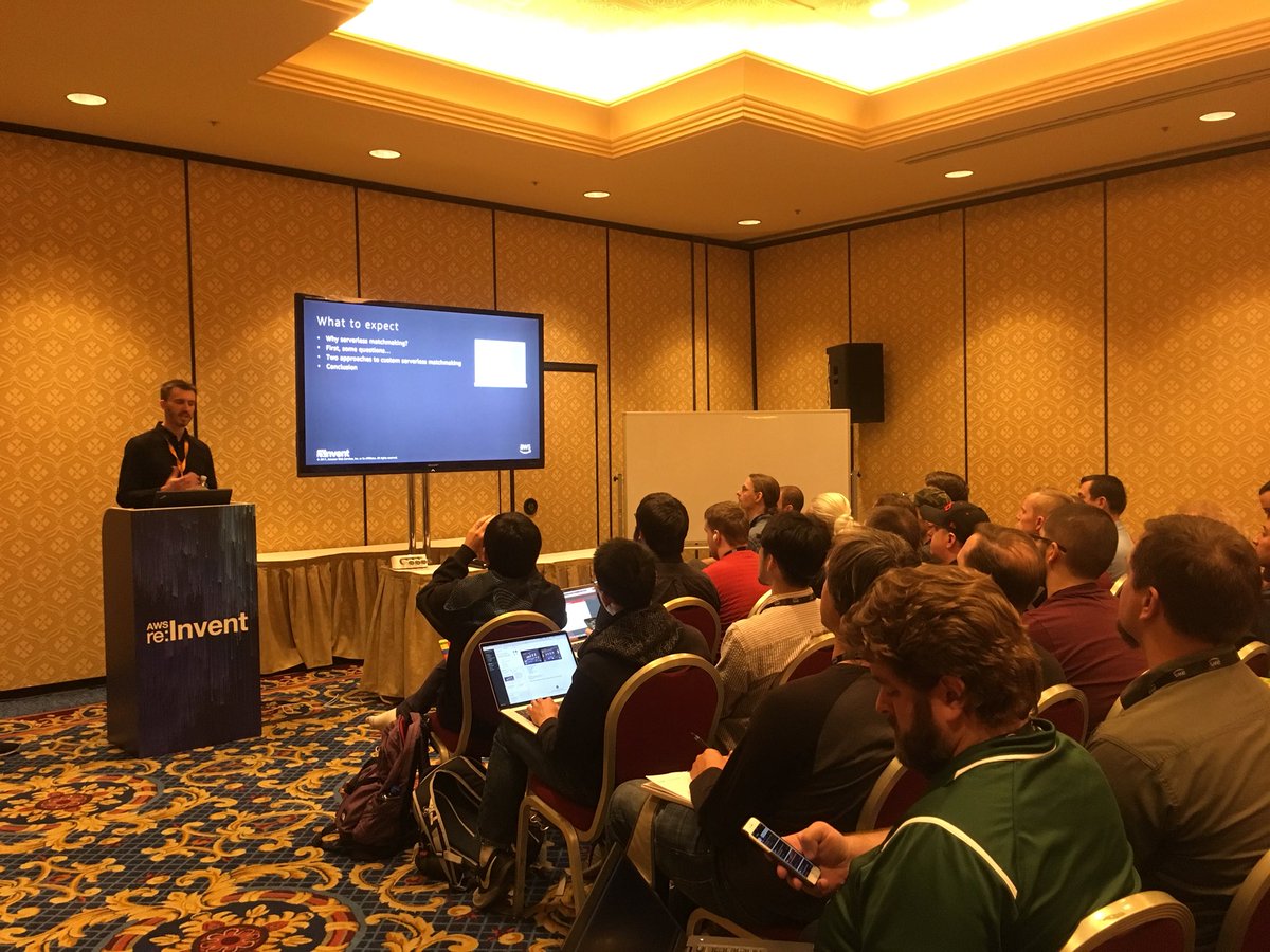 AWSEvents's tweet photo. ‘Serverless Matchmaking helps with ✔️rapid scalability, ✔️reduced operational overhead &amp; ✔️allows more time to focus on game performance’ - Peter Chapman, SA @AWScloud. #reInvent https://t.co/K7PvrIqMsa