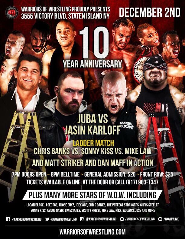 MrDariusCarter's tweet photo. THIS #WarriorWeekend: #WOW closes out 2017 with this two-night, two-show #10YearAnniversary Special! First comes #Brooklyn (Fri) in a MAJOR #TagMatch with #FinalSolution10 implications. Then comes #LosersMustDisband (Sat) Vs. #ThePerfectStrangers. BE THERE. #TheHostileCollective https://t.co/FL5PWpbfzs