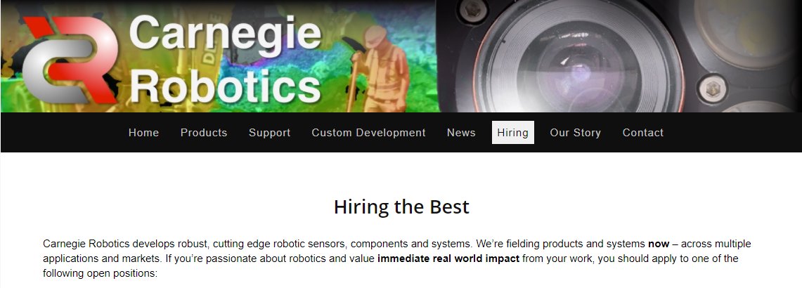 Carnegie Robotics is seeking creative, energetic and driven Individuals with strong hands-on development skills to work on a variety of interesting and challenging robotics perception and control projects. #robots #roboburgh bit.ly/2AcZZD2