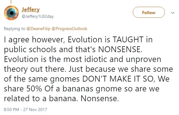 TakeThatDarwin's tweet photo. I think I've started to come around on Twitter's new 280-character limit. Without the change, this creationist would've had to stop before he got to the bit where he's SHOUTING ABOUT GNOMES. https://t.co/NuBwCZKyRC