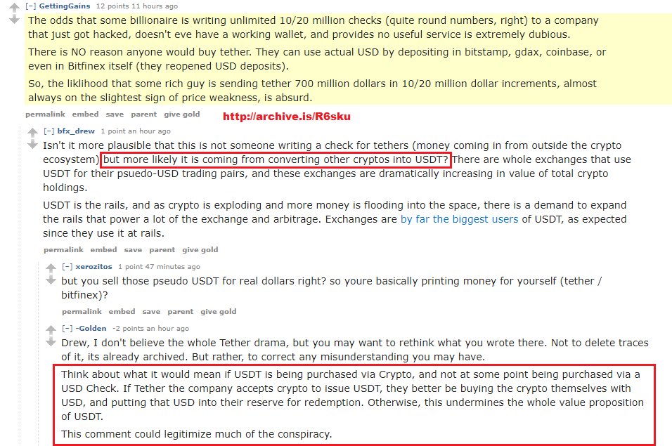 Bitfinexed's tweet photo. So, it looks like, bfx_drew has just admitted that Tethers are not being printed based on people buying Tethers... but 'people converting other cryptos into USDT".

Wait, what? Tethers are only supposed to be created on DEPOSITS OF USD. Not 'cryptos being converted'. Oops. https://t.co/CcEIMxbpCn