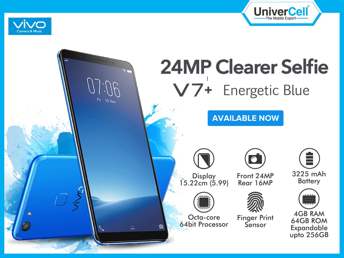 UniverCell's tweet photo. The Energetic Blue #VivoV7Plus is available now in #UniverCell.
#VivoIndia #EnergeticBlue #24MPClearerSelfie https://t.co/Ng6pXLf6Fm