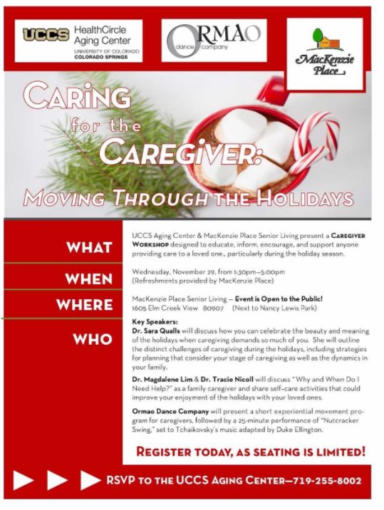 RMHCS's tweet photo. The UCCS Aging Center & MacKenzie Place - Colorado Springs are presenting a caregiver workshop this Wednesday Nov. 29th! #RMHCS #PACE #UCCSAgingCenter #MacKenziePlace https://t.co/9lAkCsaIoR