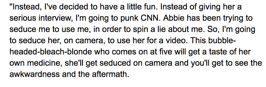 2010: James O'Keefe tries to lure a CNN contributor onto a boat stocked with dildoes, only to have his plan exposed by one of his staffers  http://www.cnn.com/2010/US/09/29/okeefe.cnn.prank/index.html